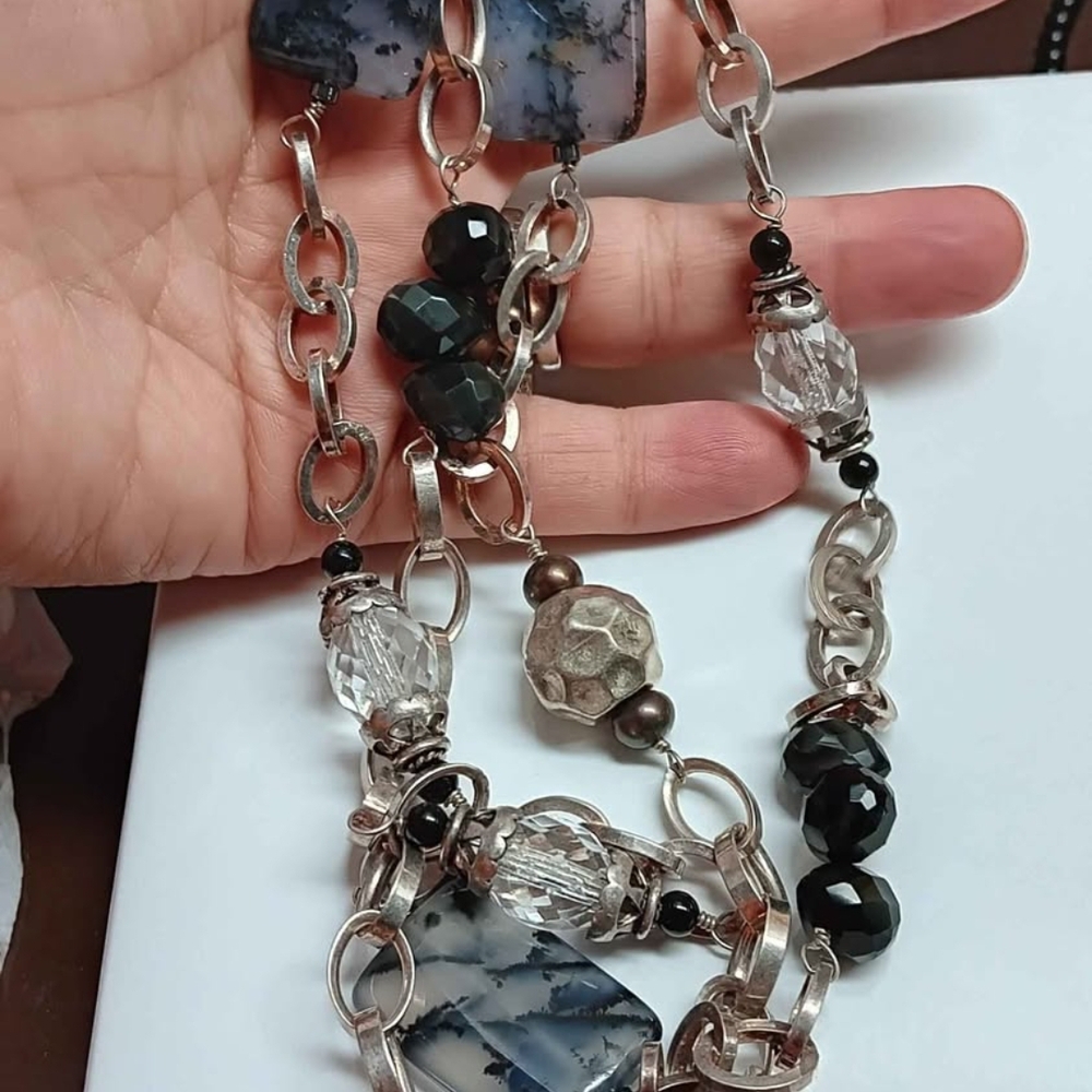 Sterling Silver Agate, Onyx, Pearls, Necklace